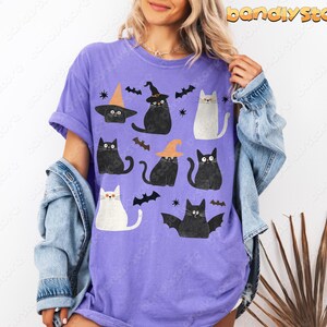 Cute Halloween Black Cats Tshirt | Comfort Colors Fall Season Black Cat Shirt, Fun Spooky Cat Shirt, Halloween Bat Tshirt, Halloween Cat Tee Violet