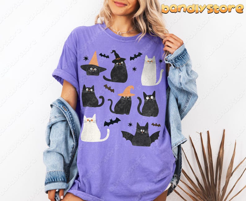 Cute Halloween Black Cats Tshirt | Comfort Colors Fall Season Black Cat Shirt, Fun Spooky Cat Shirt, Halloween Bat Tshirt, Halloween Cat Tee Violet
