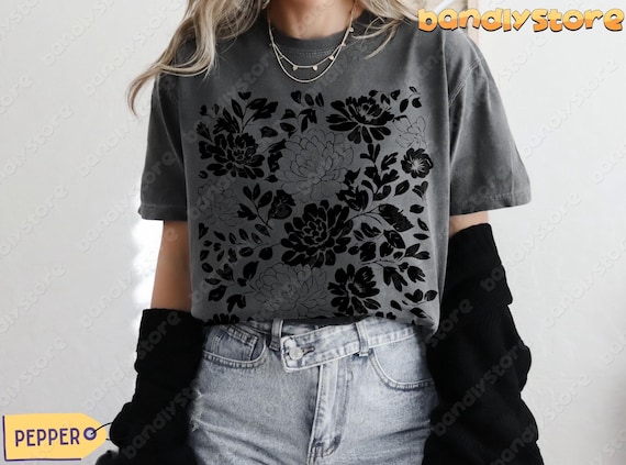 Comfort Colors Linocut Flowers T-Shirt: Vintage Cottagecore Wildflowers Tee