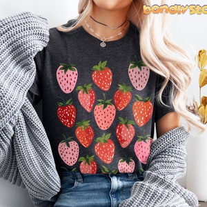 Retro Strawberry Tshirt | Summer Fruit Shirt, Cottagecore Strawberry Shirt, Strawberry Aesthetic, Botanical Garden Tshirt, Gift For Her Dark Grey Heather