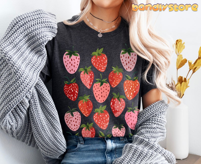 Retro Strawberry Tshirt | Summer Fruit Shirt, Cottagecore Strawberry Shirt, Strawberry Aesthetic, Botanical Garden Tshirt, Gift For Her Dark Grey Heather