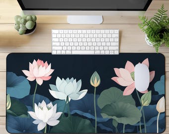 Waterlilies Desk Mat: Dark Floral Cottagecore Extended Mouse Pad With July Birth Month Flower