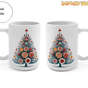Scandinavian Folk Art Christmas Tree Mug 15oz | Winter Scandinavian Mug, Folk Art Coffee Mug, Folk Art Mug, Swedish Folk Art Mug