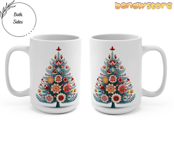 Scandinavian Folk Art Christmas Tree Mug 15oz | Winter Scandinavian Mug, Folk Art Coffee Mug, Folk Art Mug, Swedish Folk Art Mug