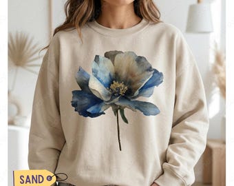 Watercolor Wildflower Sweatshirt: Blue and Beige Pressed Flower Gildan Crewneck