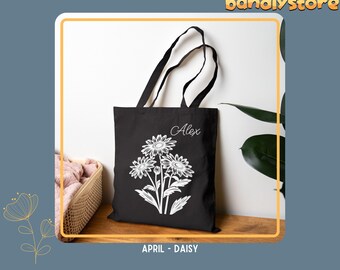 Personalized Birth Month Flower Tote Bag: Custom Floral Linocut Canvas Bag