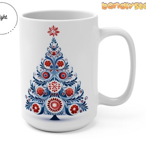 Scandinavian Folk Art Christmas Tree Mug 15oz | Winter Scandinavian Mug, Norwegian Folk Art Mug, Swedish Folk Art Mug, Folk Art Coffee Mug