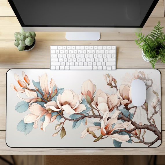 Magnolia Flowers Desk Mat | Floral Desk Mat, Pastel Blue Desk Mat, Neoprene Desk Mat, Light Blue Desk Mat, Non-Slip Extended Mouse Pad