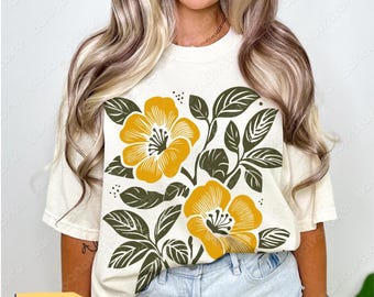 Vintage Linocut Floral T-Shirt: Comfort Colors Colorblock Wildflowers Tee, Cottagecore Style