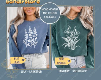 Custom Birth Month Flower Sweatshirt: Floral Linocut Comfort Colors Sweater