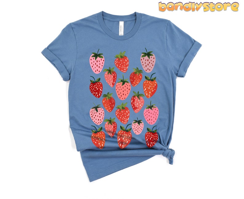 Retro Strawberry Tshirt | Summer Fruit Shirt, Cottagecore Strawberry Shirt, Strawberry Aesthetic, Botanical Garden Tshirt, Gift For Her Steel Blue