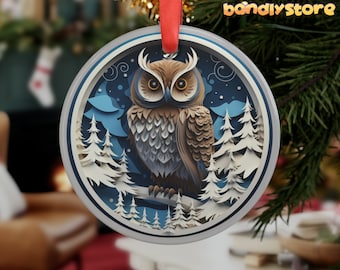 Round Acrylic Christmas Owl Ornament | 3D Paper Art Style Owl Christmas Ornament, Owl Ornament, Owl Themed Gifts, Owl Christmas Gifts