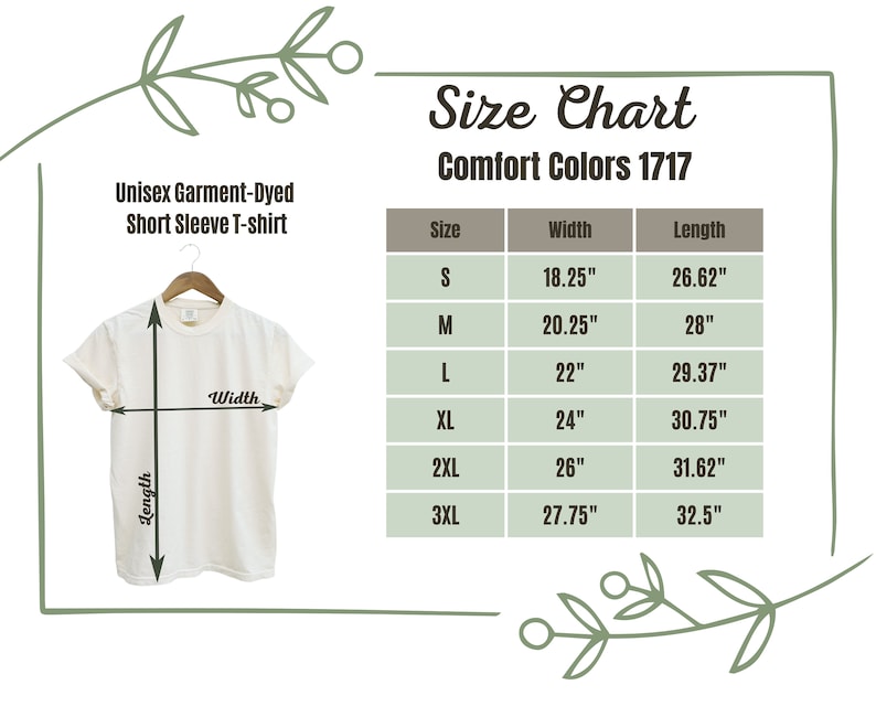 May include: Size chart for unisex short sleeve t-shirts in Comfort Colors 1717. The chart shows sizes S through 3XL with corresponding width and length measurements in inches.