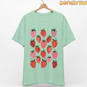 Retro Strawberry Tshirt | Summer Fruit Shirt, Cottagecore Strawberry Shirt, Strawberry Aesthetic, Botanical Garden Tshirt, Gift For Her Heather Mint