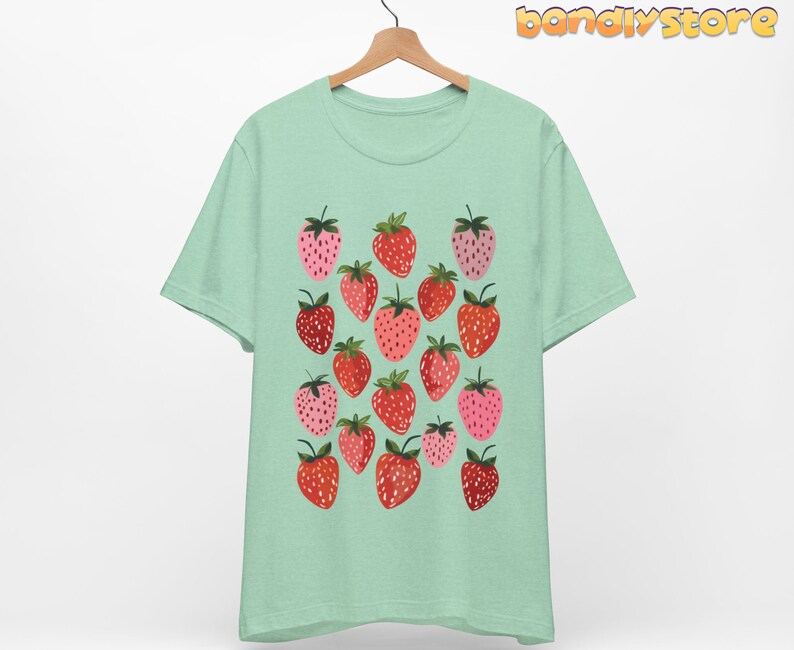 Retro Strawberry Tshirt | Summer Fruit Shirt, Cottagecore Strawberry Shirt, Strawberry Aesthetic, Botanical Garden Tshirt, Gift For Her Heather Mint