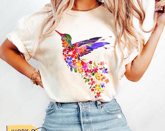 Floral Hummingbird T-Shirt: Comfort Colors Watercolor Bird Graphic Tee