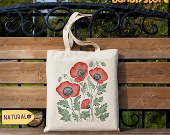 Poppies Linocut Print Tote Bag: Cottagecore Wildflowers Canvas Tote