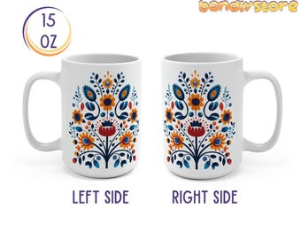 Scandinavian Floral Mug: Nordic Folk Art Ceramic Coffee Cup (15oz)