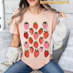 Retro Strawberry Tshirt | Summer Fruit Shirt, Cottagecore Strawberry Shirt, Strawberry Aesthetic, Botanical Garden Tshirt, Gift For Her Heather Peach