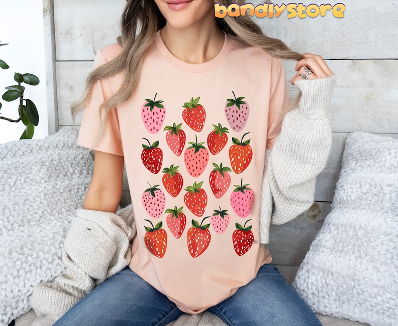 Retro Strawberry Tshirt | Summer Fruit Shirt, Cottagecore Strawberry Shirt, Strawberry Aesthetic, Botanical Garden Tshirt, Gift For Her Heather Peach