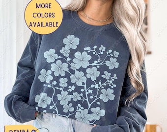 Cherry Blossom Linocut Sweatshirt: Comfort Colors Cottagecore Floral Crewneck, Vintage Granola Girl Sweater