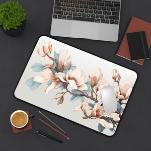 Magnolia Flowers Desk Mat | Floral Desk Mat, Pastel Blue Desk Mat, Neoprene Desk Mat, Light Blue Desk Mat, Non-Slip Extended Mouse Pad 12" × 18"