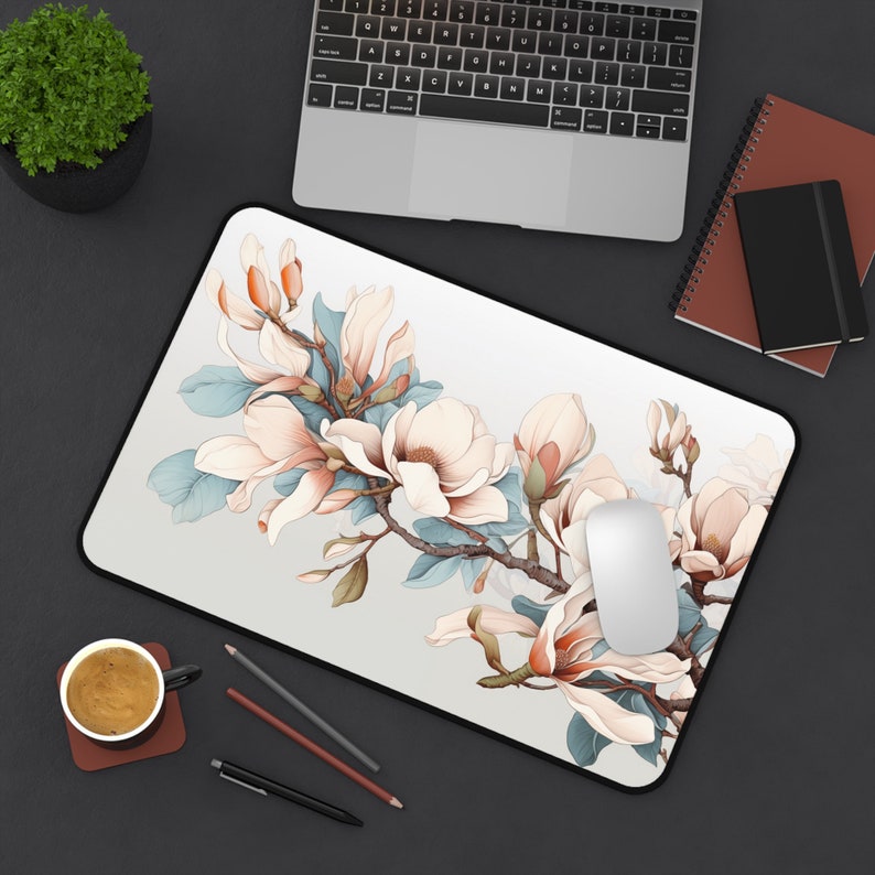 Magnolia Flowers Desk Mat | Floral Desk Mat, Pastel Blue Desk Mat, Neoprene Desk Mat, Light Blue Desk Mat, Non-Slip Extended Mouse Pad 12" × 18"
