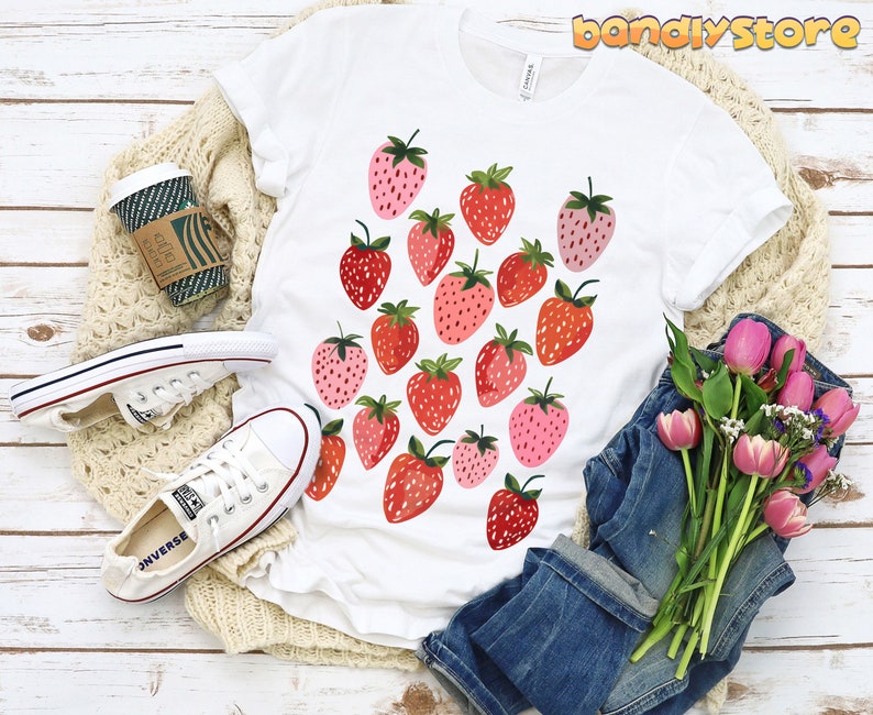 Retro Strawberry Tshirt | Summer Fruit Shirt, Cottagecore Strawberry Shirt, Strawberry Aesthetic, Botanical Garden Tshirt, Gift For Her White