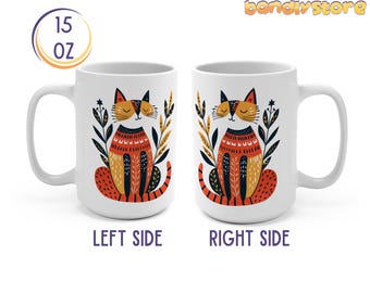 Scandinavian Cat Mug: Nordic Folk Art Ceramic Coffee Mug (15oz)
