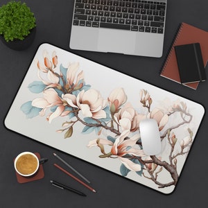 Magnolia Flowers Desk Mat | Floral Desk Mat, Pastel Blue Desk Mat, Neoprene Desk Mat, Light Blue Desk Mat, Non-Slip Extended Mouse Pad 12" × 22"