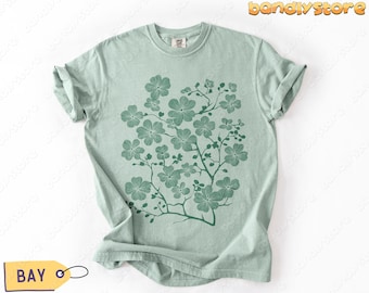 Cherry Blossom Linocut T-Shirt: Comfort Colors Vintage Sakura Floral Tee, Cottagecore Granola Girl Style
