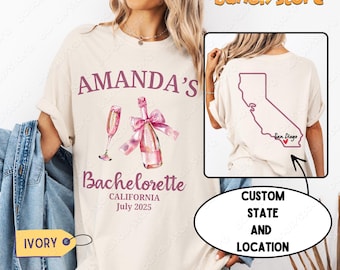 Coquette Bachelorette Party T-Shirt: Custom Location Bridal Tee, Back Print