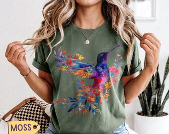Floral Hummingbird T-Shirt: Comfort Colors Cottagecore Birdwatching Tee