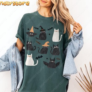 Cute Halloween Black Cats Tshirt | Comfort Colors Fall Season Black Cat Shirt, Fun Spooky Cat Shirt, Halloween Bat Tshirt, Halloween Cat Tee Blue Spruce