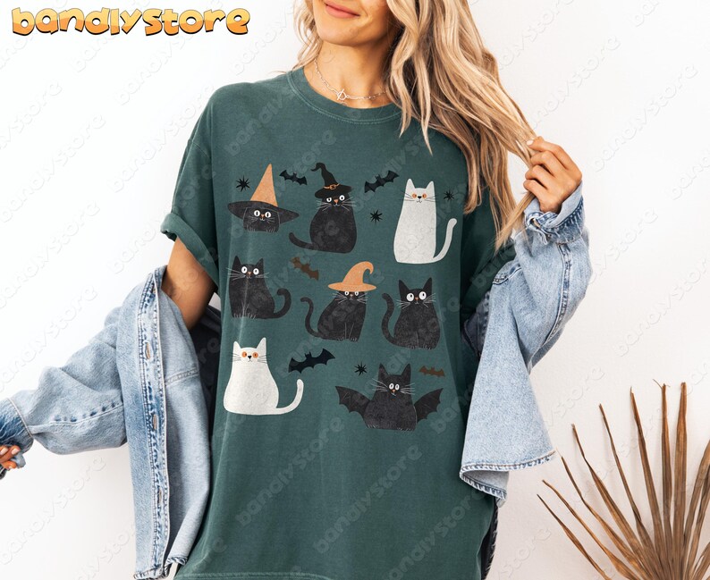 Cute Halloween Black Cats Tshirt | Comfort Colors Fall Season Black Cat Shirt, Fun Spooky Cat Shirt, Halloween Bat Tshirt, Halloween Cat Tee Blue Spruce