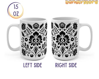 Scandinavian Floral Coffee Mug: Nordic Folk Art Ceramic Mug (15oz)