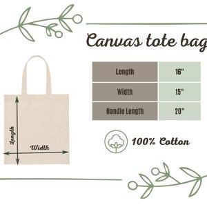 May include: A natural canvas tote bag with a 16 inch length, 15 inch width, and 20 inch handle length. The bag is made of 100% cotton.