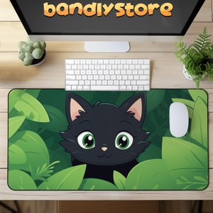 Cute Kawaii Black Cat Desk Mat | Cat Desk Mat, Green Desk Mat, Neoprene Gaming Mat, Kawaii Desk Decor, Non-Slip Extended Kawaii Mouse Pad