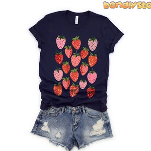 Retro Strawberry Tshirt | Summer Fruit Shirt, Cottagecore Strawberry Shirt, Strawberry Aesthetic, Botanical Garden Tshirt, Gift For Her Navy