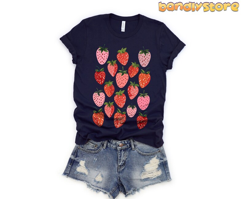 Retro Strawberry Tshirt | Summer Fruit Shirt, Cottagecore Strawberry Shirt, Strawberry Aesthetic, Botanical Garden Tshirt, Gift For Her Navy