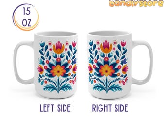 Scandinavian Floral Coffee Mug:  Nordic Folk Art, Cottagecore Style Ceramic Mug (15oz)