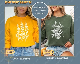 Custom Birth Month Flower Sweatshirt: Linocut Floral Design On Gildan Crewneck