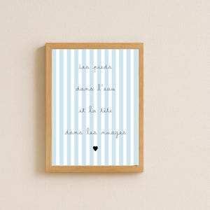 Seaside decorative poster – Wall quote “Feet in the water and head in the clouds” | Blue and white nautical poster | Holiday poster