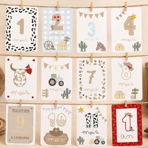 Cartes étapes bébé cowboy – 1 à 12 mois – Première année – Accessoire photo – Cadeau naissance garçon