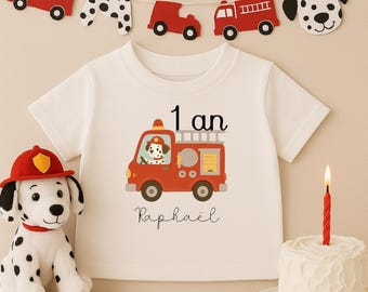 T-shirt anniversaire 1 an garçon pompier personnalisé – Tenue fête bébé