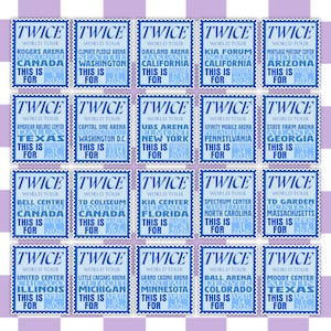 May include: A sheet of twenty-five blue and white TWICE World Tour commemorative stamps. Each stamp features the band's name, tour details, and a city and date. The stamps are arranged on a light purple background.