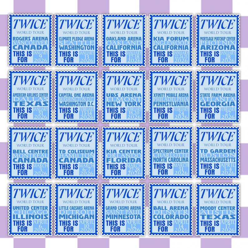 May include: A sheet of twenty-five blue and white TWICE World Tour commemorative stamps. Each stamp features the band's name, tour details, and a city and date. The stamps are arranged on a light purple background.