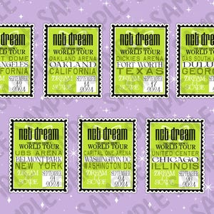 May include: Eight green and black rectangular stamps with the text "nct dream" and "The Dream Show 2: World Tour" with the tour dates and locations for each city. The cities include Los Angeles, California; Oakland, California; Fort Worth, Texas; Duluth, Georgia; New York, New York; Washington DC; Chicago, Illinois.