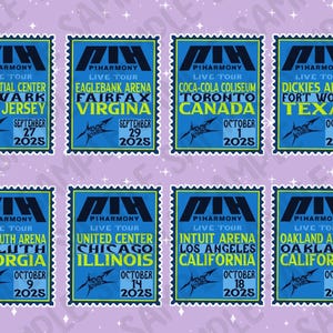 May include: A collection of blue and green P1Harmony Live Tour stickers. Each sticker features the tour name, venue, and date. Venues include Newark, Toronto, and Los Angeles. The stickers are in a stamp-like design.