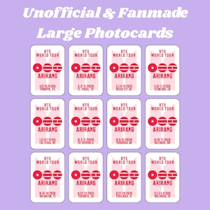 May include: A collection of large photocards with a purple background. Each card features the text "BTS WORLD TOUR ARIRANG" and a concert date and location. The cards are fanmade and unofficial.